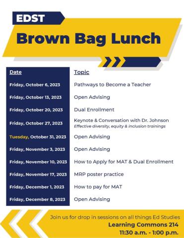 Brown Bag lunch drop in sessions. Fridays from 11:30am to 1pm. Topics vary by weeks.
