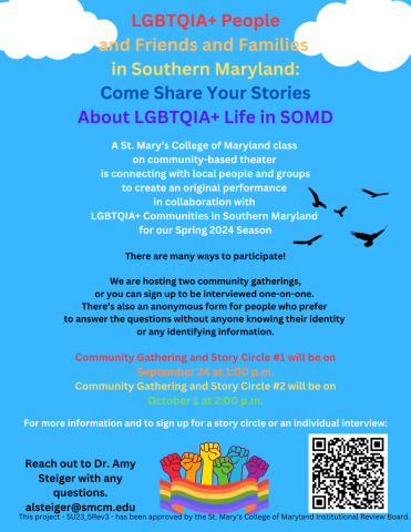 Sky blue flyer with graphics of clouds and birds with rainbow fists on a banner at the bottom, with rainbow text including information on how to participate in a theater project about LGBTQIA+ life in Southern Maryland.