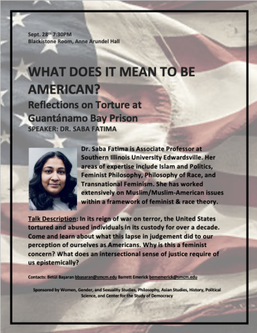 Talk Description: In its reign of war on terror, the United States tortured and abused individuals in its custody for over a decade. Come and learn about what this lapse in judgement did to our perception of ourselves as Americans. What does an intersectional sense of justice require of us epistemically?
