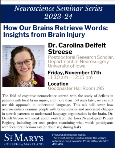 flyer advertising Dr. Carolina Deifelt Streese's talk with an image of the presenter, a woman with glasses and light brown hair smiling at the camera.