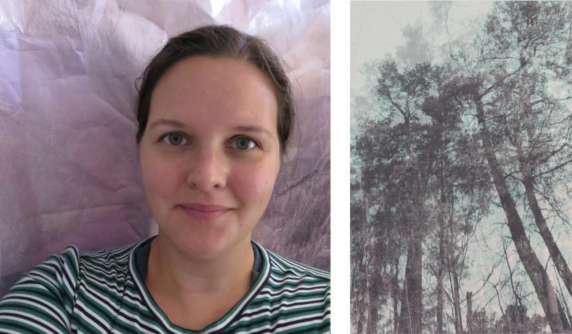 On left a woman in striped shirt and on right, photograph of trees