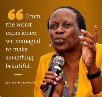 Esther Mujawayo giving a speech with the words "from the worst experience, we managed to make something beautiful."