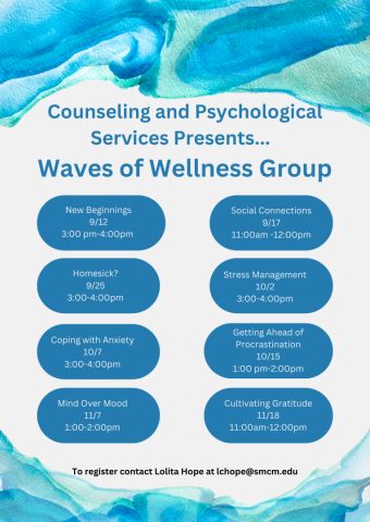 Gray background. Watercolor paint in shades of blue located across the top and bottom of flyer. Title of the group printed in blue font. Eight blue bubbles with dates and times of groups. 