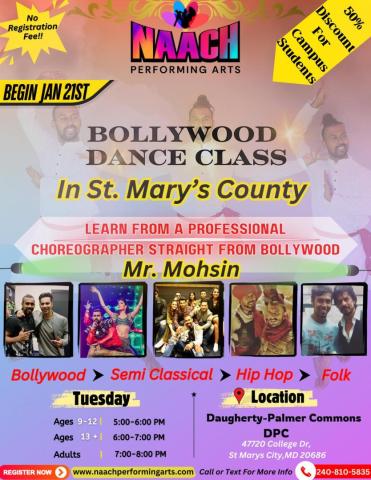 Learn Bollywood Dance with Naach Performing Arts!    About the instructor, Mr. Mohsin: With a career that includes performing with Bollywood’s biggest stars like Shah Rukh Khan and Katrina Kaif, and working alongside top choreographers such as Farah Khan and Remo D’Souza, Mr. Mohsin brings unparalleled expertise to every class.     Join us Tuesdays at DPC and become part of a vibrant community where the joy and artistry of Bollywood dance come alive. Dance classes are open to all. 