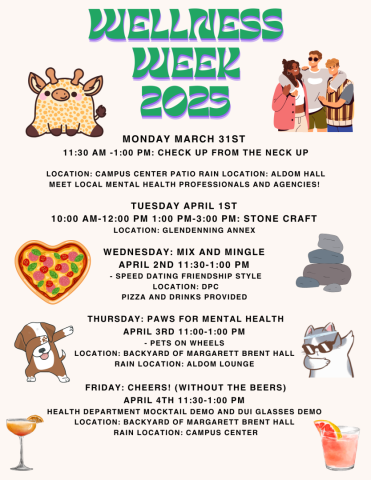 Colorful "Wellness Week 2025" poster featuring daily themed events from March 31 to April 4, including crafts, a mix and mingle, and mental health awareness activities.