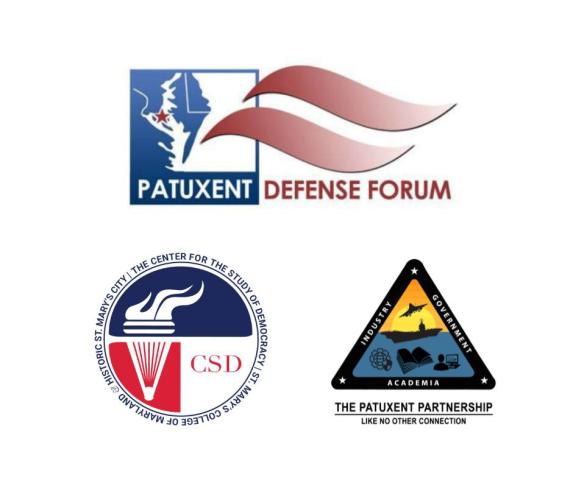 Logos of Patuxent Defense Forum, Center for the Study of Democracy, and The Patuxent Partnership, featuring texts and icons representing defense, academia, industry, and government.