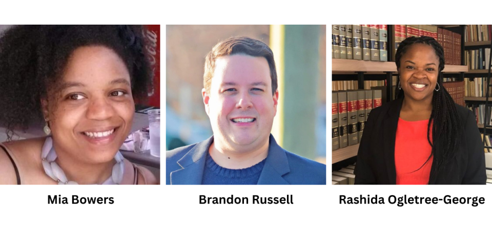 A collage of three panelist portrait photos. Left: A woman with short curly hair smiles. Center: A man with short hair smiles outdoors. Right: A woman with braided hair smiles in an office with shelves of books.