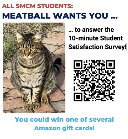 A tabby cat sits on a brick path next to grass. Text reads, "ALL SMCM STUDENTS: MEATBALL WANTS YOU ... to answer the 10-minute Student Satisfaction Survey!" A QR code is shown. The bottom text says, "You could win one of several Amazon gift cards!.