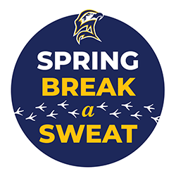 A circular logo with a blue background, featuring a stylized eagle head at the top. The words "Spring Break a Sweat" are in white and yellow, with small white lines resembling birds in flight at the bottom.