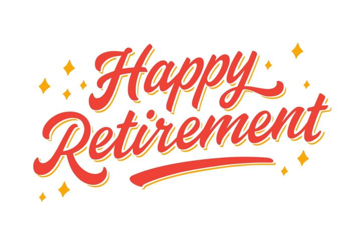 "Happy Retirement" is written in cursive red and orange text surrounded by small diamond shapes on a white background.