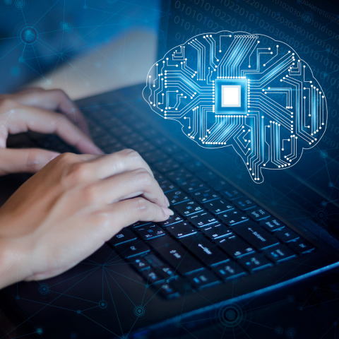 Hands typing on a keyboard with a digital brain illustration above, symbolizing computer science studies