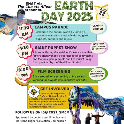 Advertisement for Earth Day 2025 events: Campus parade at 11:30 AM, giant puppet show at 4:30 PM, and film screening at 8:00 PM. Sponsored by local organizations.
