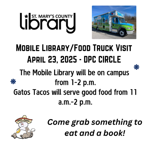 Promotional flyer for a mobile library and food truck event on April 23, 2025, featuring Gatos Tacos. Event times and location details provided.