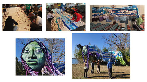 People are crafting and displaying large, colorful puppets with intricate designs, including a green face with purple hair. These are shown being made, used indoors, and outdoors near trees.