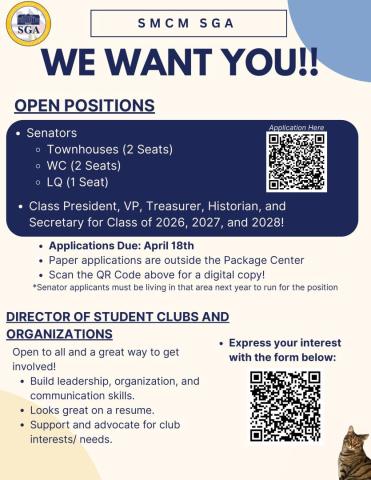 SGA recruitment poster listing open positions like senators and class president. Includes application link, deadline, and contact information.