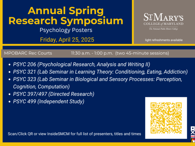 Poster for St. Mary’s College of Maryland Annual Spring Research Symposium, listing psychology poster sessions and event details for April 25, 2025, with a QR code for more information.