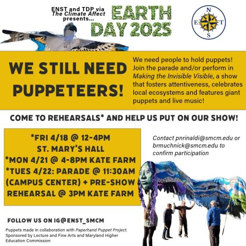 Earth Day 2025 puppet show recruitment poster with rehearsal dates, contact information, and collaboration details.