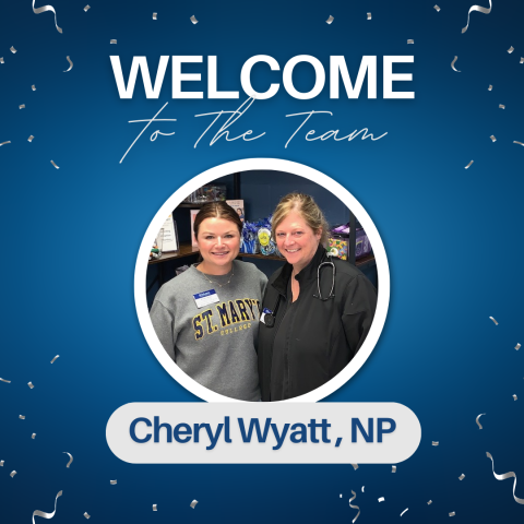 Two women smiling inside a circle frame on a blue background with confetti. Text above reads, "WELCOME to the Team," and below, "Cheryl Wyatt, NP.