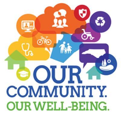 Colorful graphic with icons of people, bike, computer, and nature, representing community and health. Text reads "Our Community. Our Well-Being.