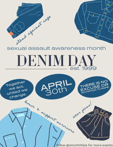 Poster for Denim Day promoting sexual assault awareness, featuring denim clothing illustrations and event details for April 30th. Text encourages support for survivors and wearing jeans.