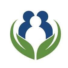 A blue and white abstract human figure surrounded by two green leaves, forming a circular emblem.