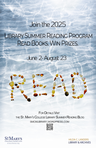 Poster for the St. Mary’s College Library 2025 Summer Reading Program, featuring event dates, a “READ” text made of shells, and information for more details.