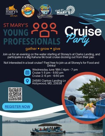 Promotional flyer for St. Mary’s Young Professionals Cruise Party on June 18, 2024, with event details, QR code, and images of a boat, food, and drinks.