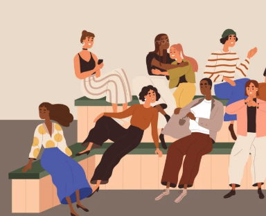 Illustration of a diverse group of people casually sitting and interacting on tiered seating in a relaxed setting.