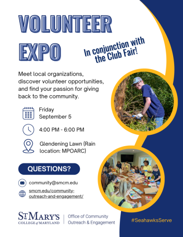 Volunteer Expo flyer with event details: September 5, 4–6 PM at Glendening Lawn, St. Mary’s College of Maryland. Includes photos of people volunteering and contact information.