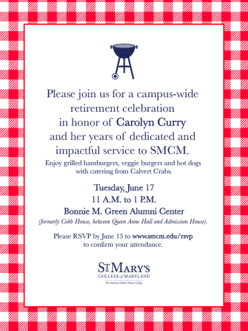 Invitation for Carolyn Curry’s retirement celebration at St. Mary’s College on June 17, featuring grilled food and RSVP details, on a red checkered background.