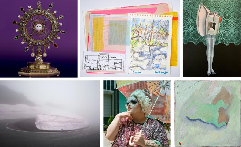 A collage of six artworks, including a jeweled clock, abstract paintings, a surreal photo of a figure with an iron, a foggy landscape, a person with makeup and an umbrella, and a pastel abstract painting.