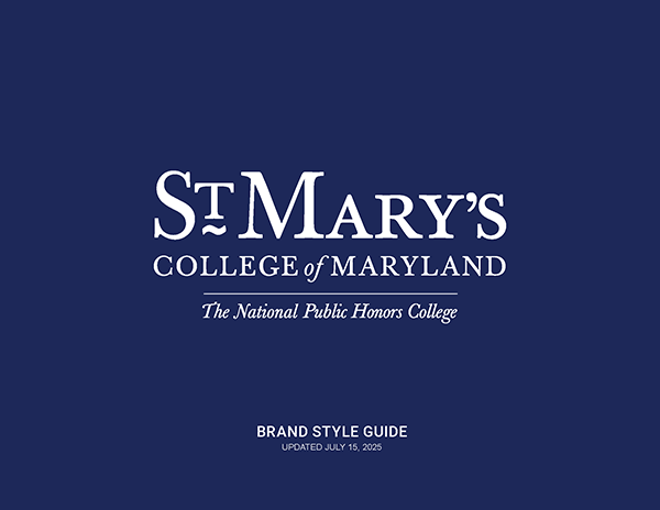 St. Mary's College of Maryland logo with the tagline "The National Public Honors College" and text "Brand Style Guide Updated July 15, 2025" on a dark blue background.