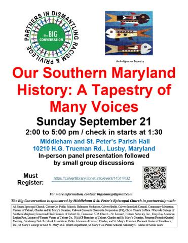 Flyer for an event titled "Our Southern Maryland History: A Tapestry of Many Voices" with details about the date, location, registration, and sponsoring organizations.