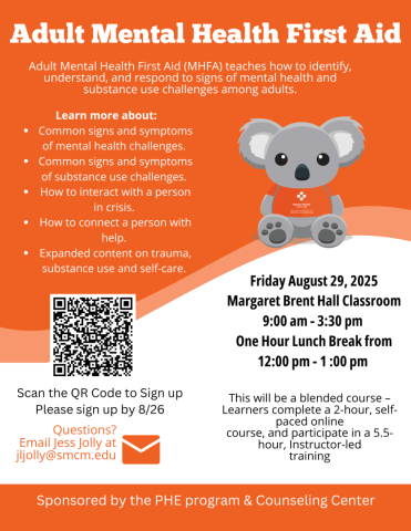 Flyer for an Adult Mental Health First Aid training on August 29, 2025, with a cartoon koala, event details, QR code to sign up, and contact information.