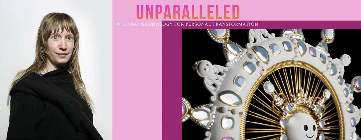 A woman with long hair and bangs stands on the left, while a white decorative object with gold accents and smiley faces is shown on the right. Text above reads "UNPARALLELED.