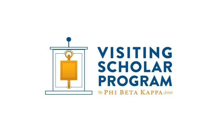 Logo for the Visiting Scholar Program by The Phi Beta Kappa Society, featuring a gold key in a lantern and blue text on a white background.