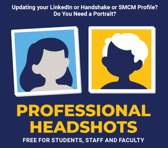 Graphic with illustrated portraits and text offering free professional headshots for students, staff, and faculty, mentioning LinkedIn, Handshake, and SMCM profiles.