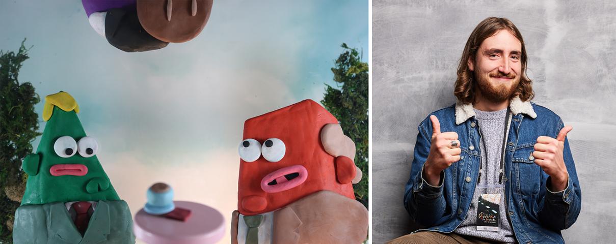 Two clay animation characters on the left and a smiling man with long hair and a beard giving two thumbs up on the right.