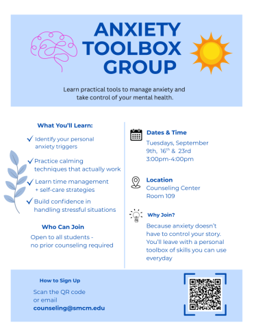 Flyer for "Anxiety Toolbox Group" detailing practical anxiety management skills, meeting dates, location, eligibility, and how to sign up, with blue graphics and a QR code.