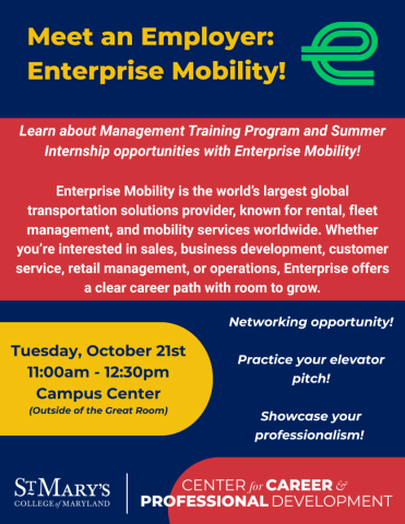 Flyer for "Meet an Employer: Enterprise Mobility!" event at St. Mary's College, detailing networking and internship opportunities on Tuesday, October 21st, 11am-12:30pm at the Campus Center.