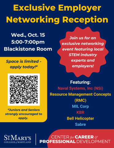 Flyer for the Exclusive Employer Networking Reception on Oct. 15, 5-7pm at St. Mary’s College, with STEM employers listed and a QR code for application.