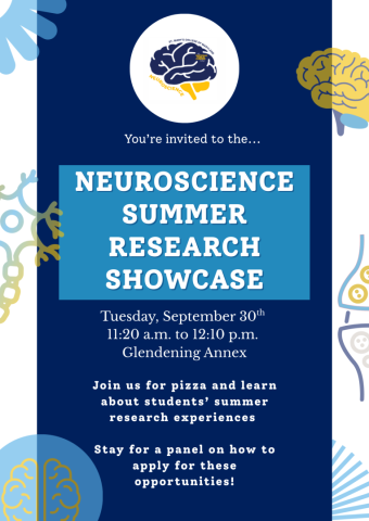 Flyer for a Neuroscience Summer Research Showcase on September 30th, 11:20 a.m.–12:10 p.m., at Glendening Annex. Includes event details, a brain graphic, and abstract designs.