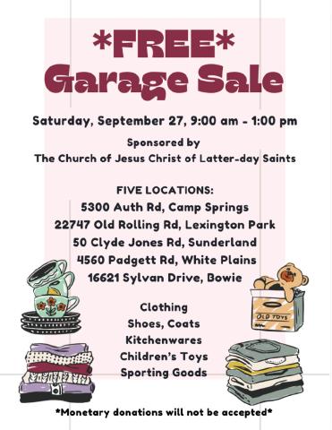 Flyer announcing a free garage sale on Saturday, September 27, 9 am–1 pm, with five locations, sponsored by The Church of Jesus Christ of Latter-day Saints.