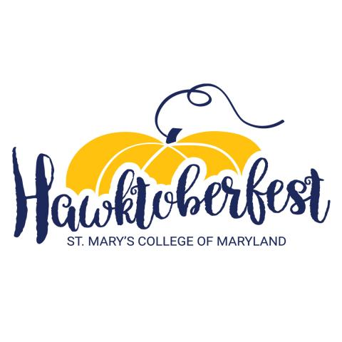 A yellow pumpkin with a curled stem above the word "Hawktoberfest" and "St. Mary's College of Maryland" in blue text.