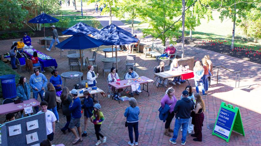 Outdoor campus event with several tables set up under umbrellas, people walking and interacting, and a green sign advertising a culture fair.