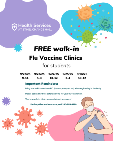 Flyer for free walk-in flu vaccine clinics for students with dates, times, and a reminder to bring ID. Illustration of a person receiving a shot and virus graphics.