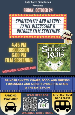 Event poster for Kate Farm Film Series promoting a panel discussion and outdoor screening of "The Secret of Kells" on Friday, October 24, with parking and shuttle details included.