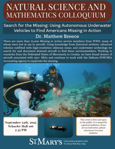 Flyer for a colloquium titled "Search for the Missing: Using Autonomous Underwater Vehicles to Find Americans Missing in Action" with event details and an abstract.
