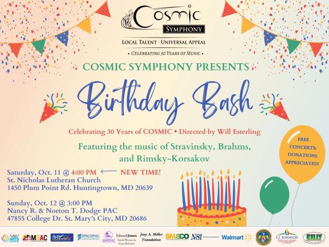 Event flyer for Cosmic Symphony's 30th Birthday Bash with concert details, dates, venues, and colorful festive graphics including balloons and confetti.