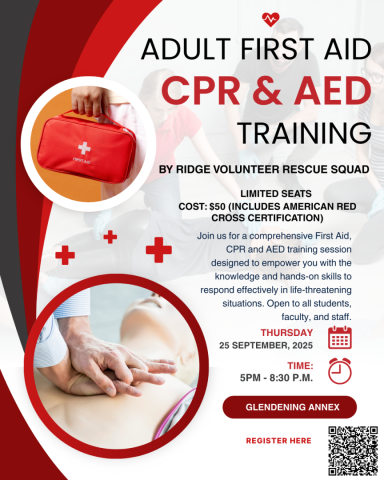 Flyer for Adult First Aid, CPR & AED Training by Ridge Volunteer Rescue Squad on September 25, 2025, from 5–8:30 PM at Glendening Annex. Includes certification details.